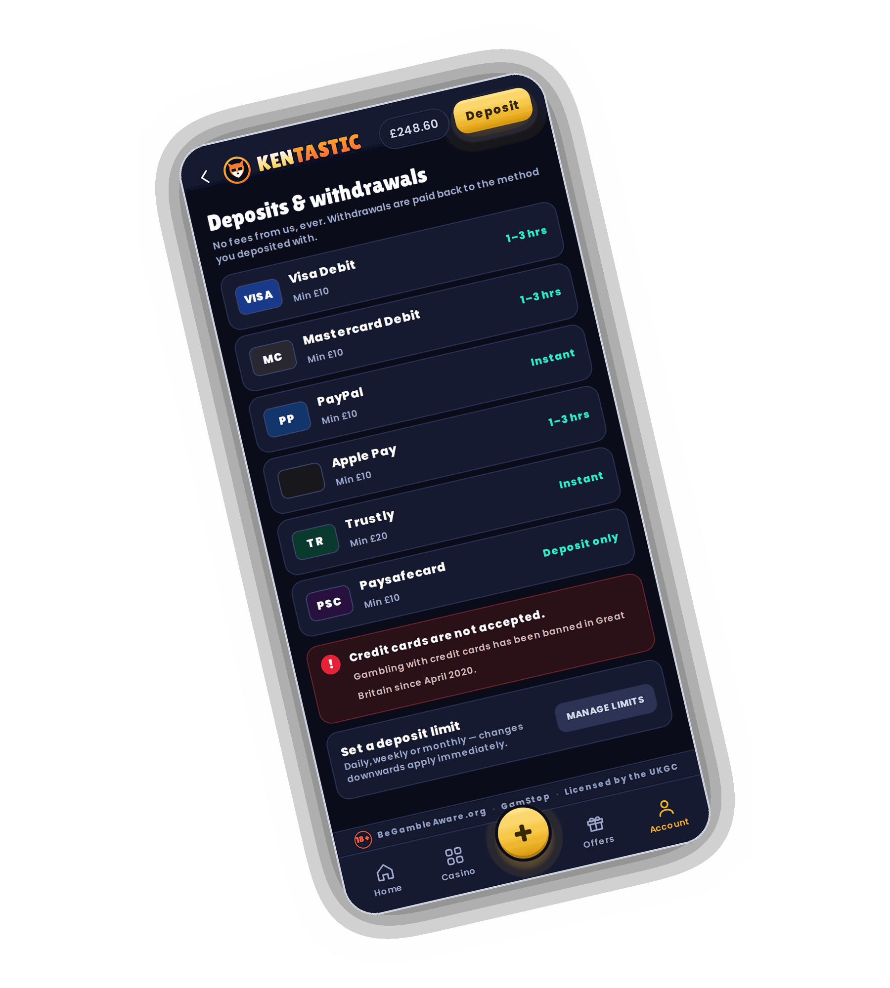 Kentastic Deposits and withdrawals screen on a phone listing Visa Debit, Mastercard Debit, PayPal, Apple Pay, Trustly and Paysafecard with minimums and payout times, a red notice that credit cards are not accepted and a Set a deposit limit panel