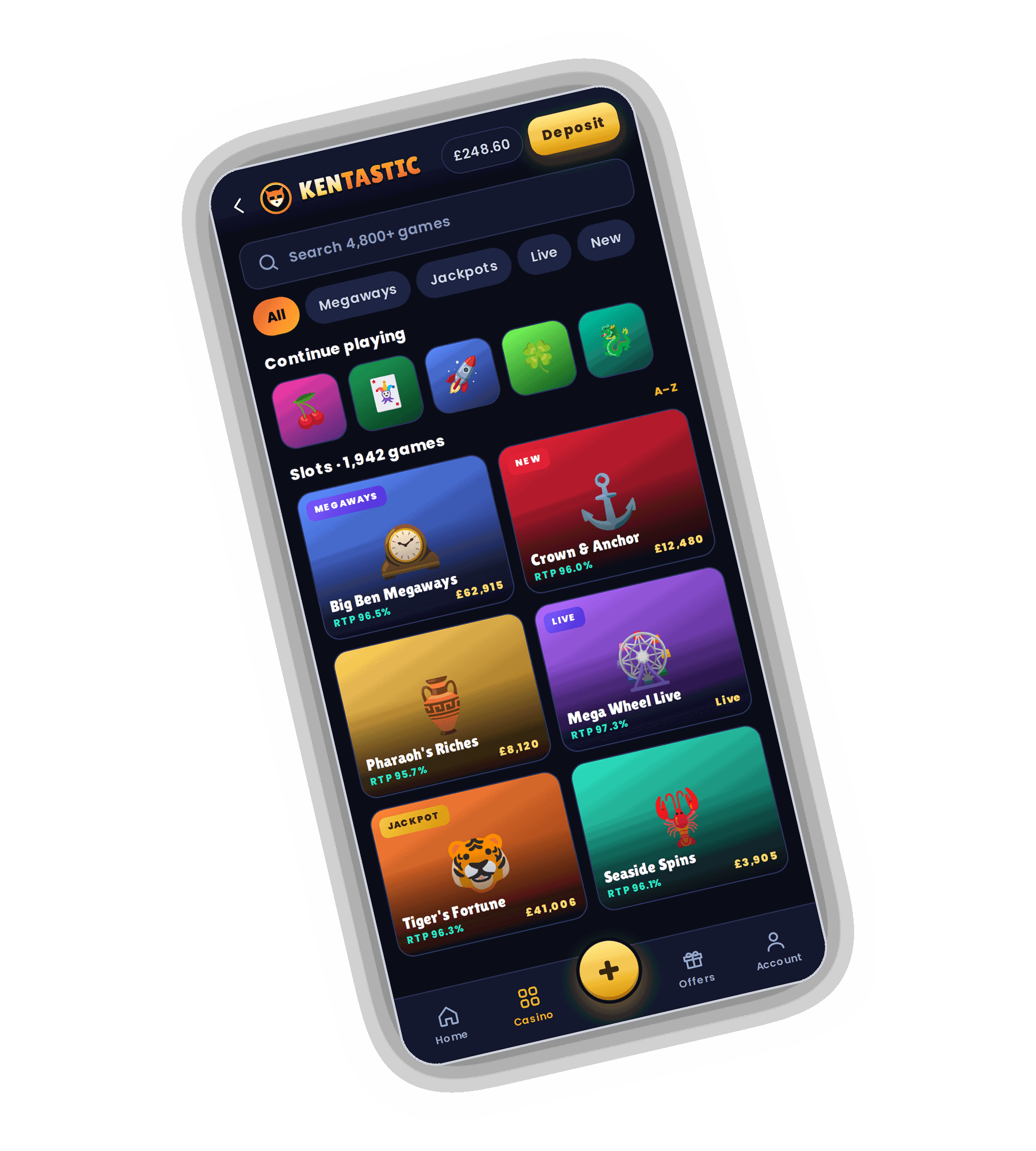 Kentastic Casino tab on a phone with a 248.60 pound balance, a Search 4,800+ games field, filter chips for All, Megaways, Jackpots, Live and New, a Continue playing row and Slots tiles for Big Ben Megaways, Crown and Anchor, Pharaoh's Riches, Mega Wheel Live, Tiger's Fortune and Seaside Spins