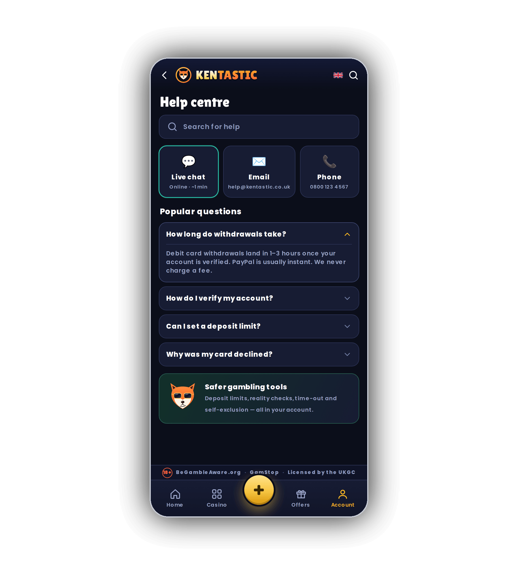 Kentastic Help centre on a phone with a Search for help field, contact cards for Live chat online with about a 1 minute reply, Email and Phone, a Popular questions list about withdrawals, verification, deposit limits and declined cards, and a Safer gambling tools panel