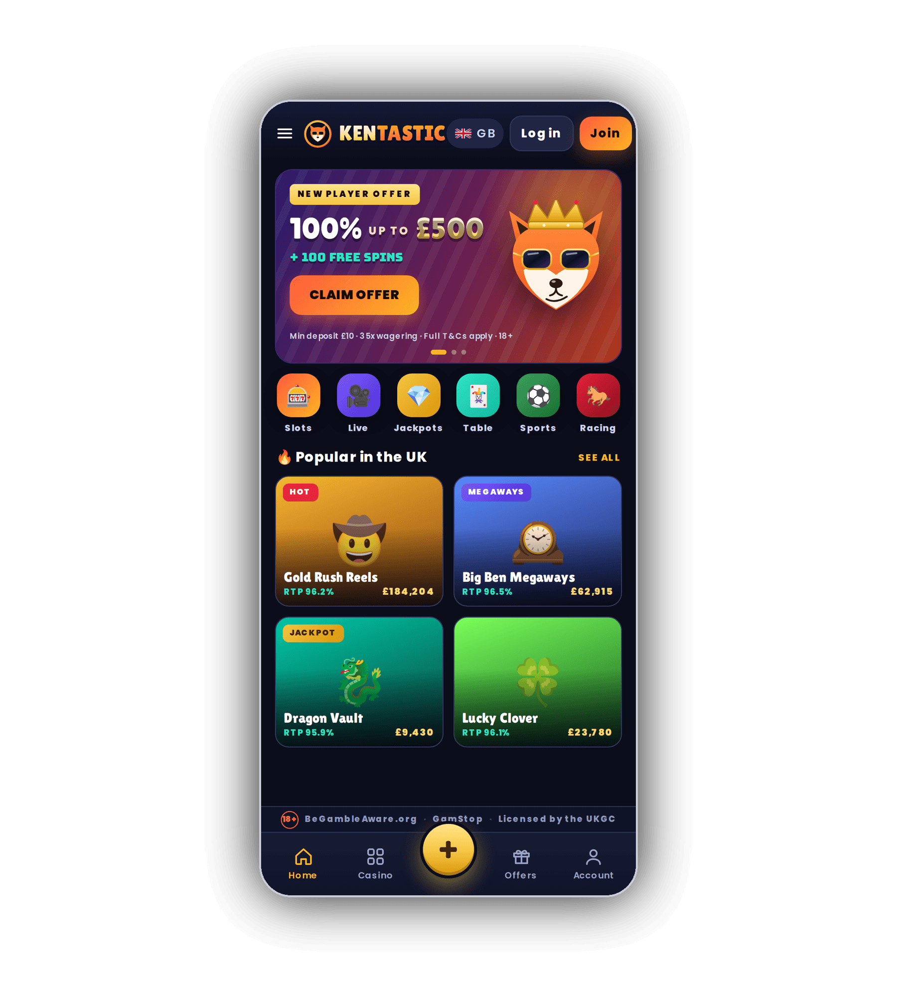 Kentastic UK home screen on a phone with a New Player Offer banner of 100% up to 500 pounds plus 100 free spins, a Claim Offer button, category tiles for Slots, Live, Jackpots, Table, Sports and Racing, and a Popular in the UK grid