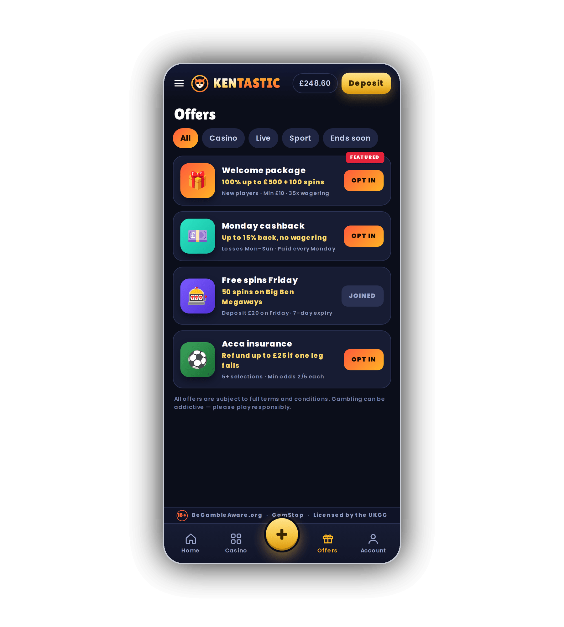 Kentastic Offers screen on a phone with filter chips for All, Casino, Live, Sport and Ends soon, and cards for a Welcome package, Monday cashback, Free spins Friday marked Joined and Acca insurance, each with an Opt in button