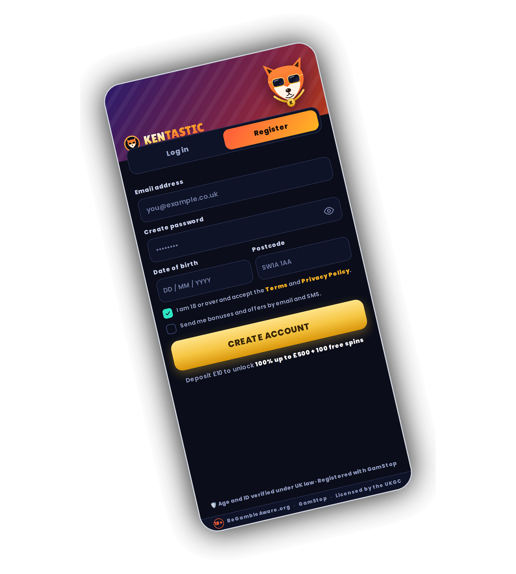Kentastic sign up screen on a phone with Log in and Register tabs, fields for email address, password, date of birth and postcode, a box confirming the player is 18 or over, an optional marketing box and a gold Create Account button