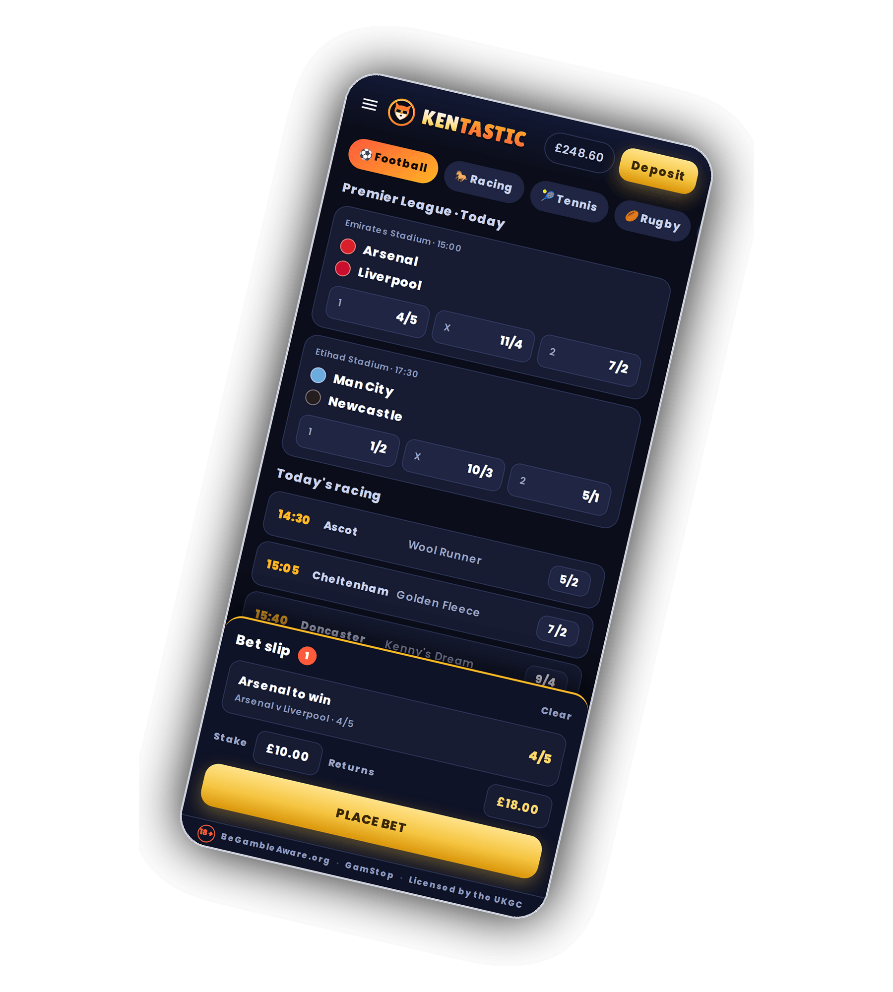Kentastic sportsbook on a phone with tabs for Football, Racing, Tennis and Rugby, Premier League matches Arsenal v Liverpool and Man City v Newcastle with fractional odds, a Today's racing list for Ascot, Cheltenham and Doncaster and a bet slip with a 10 pound stake returning 18 pounds