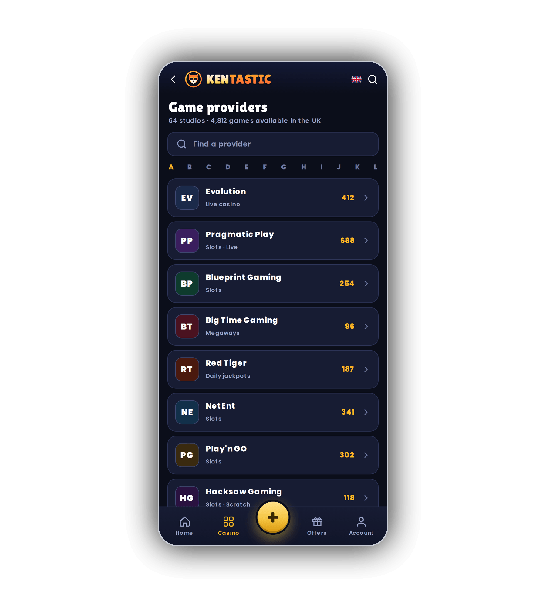 Kentastic Game providers page on a phone reading 64 studios and 4,812 games available in the UK, with a Find a provider field, an A to L index and rows for Evolution, Pragmatic Play, Blueprint Gaming, Big Time Gaming, Red Tiger, NetEnt, Play'n GO and Hacksaw Gaming with game counts