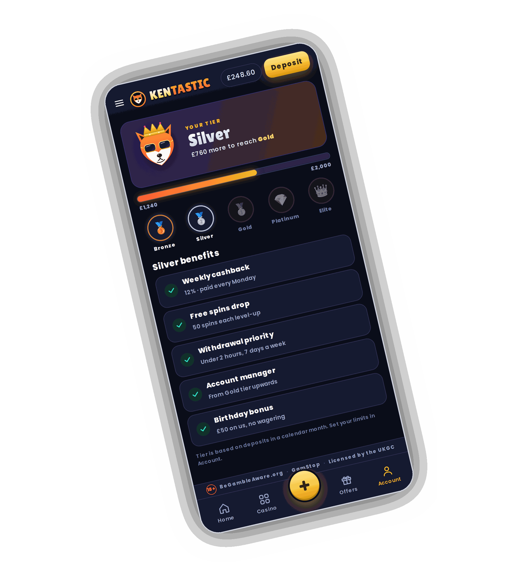 Kentastic VIP screen on a phone showing the Silver tier with 760 pounds more to reach Gold, a progress bar from 1,240 to 2,000 pounds, medals for Bronze, Silver, Gold, Platinum and Elite, and a list of Silver benefits